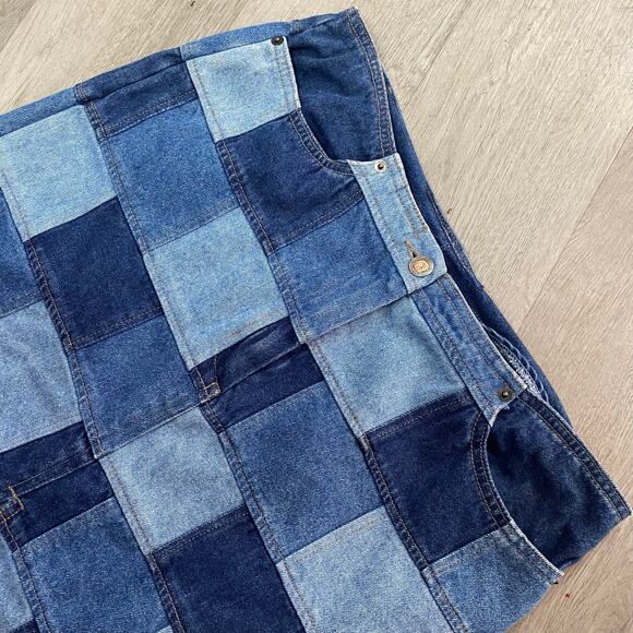 Y2K Denim Jean Skirt Knee Length D’Mode Classix Size 11 Patchwork Front Slit - Picture 2 of 7